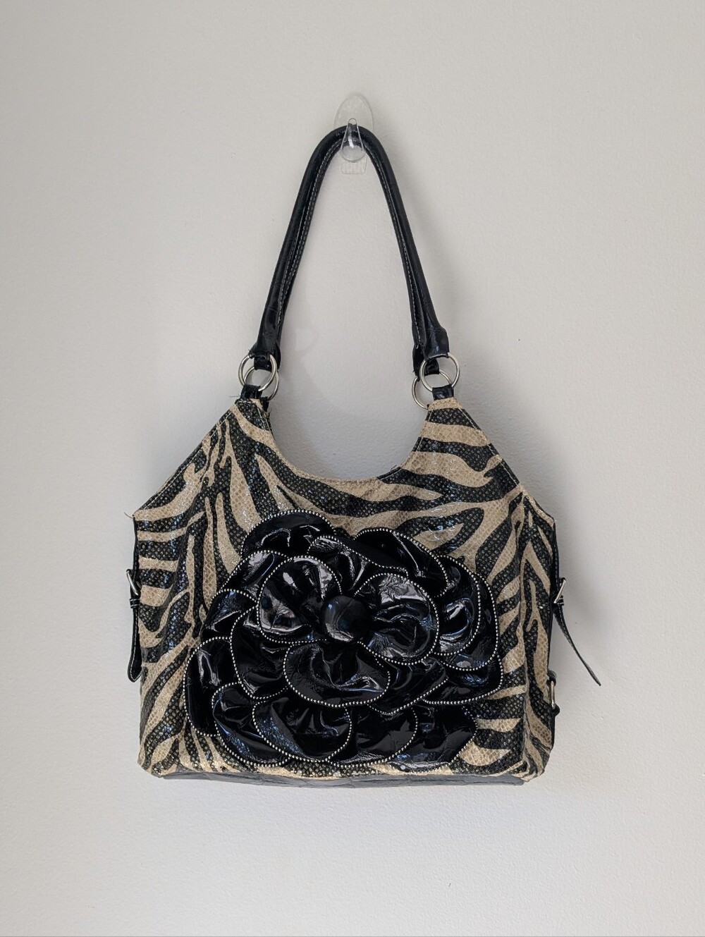 Vintage Y2K Zebra Print Big Hobo Shoulder Bag Flower Applique Trashy McBling